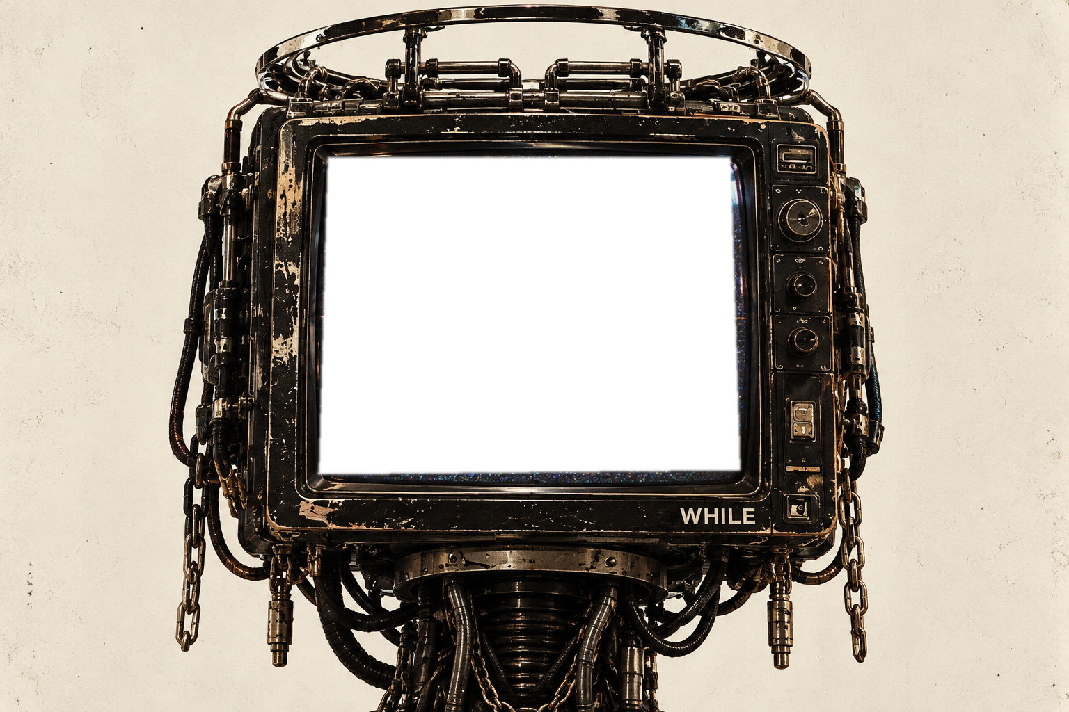 Realistic Nova television head with metal controls and WHILE lettering